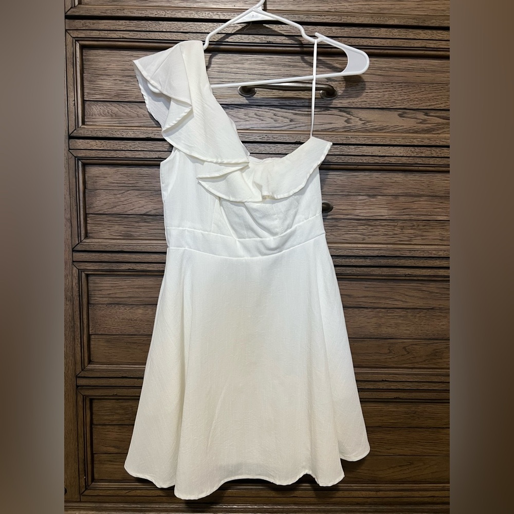 One Shoulder White Ruffled Dress